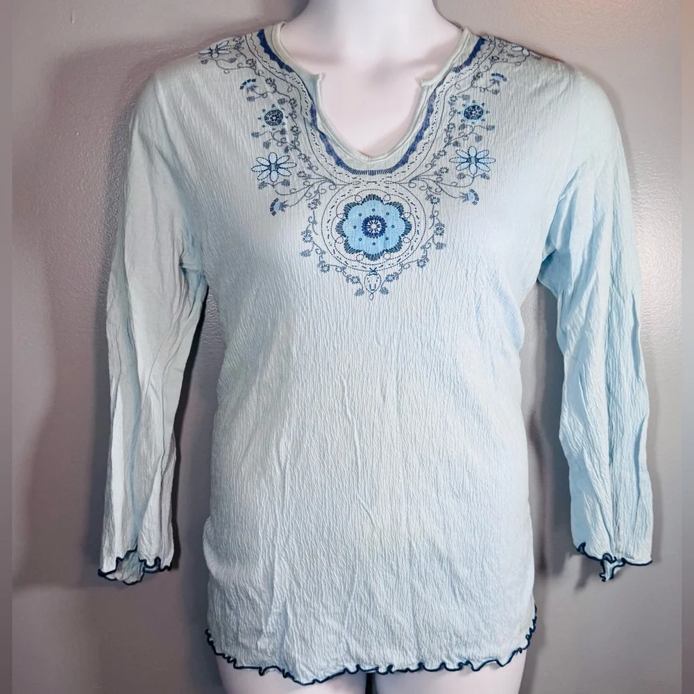Embroidered Boho Peasant Top | Light Aqua Blue | Floral Detail | Size L - Picture 4 of 9